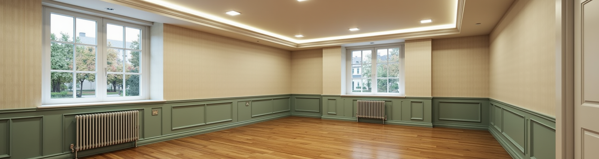 Просторная комната с деревянным полом и зелеными панелями, готовая для дизайнерского оформления